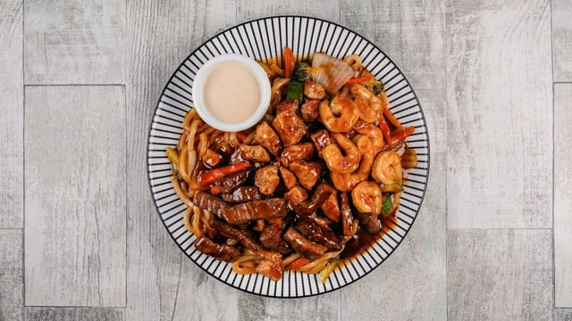 Steak Chicken and Shrimp Udon.